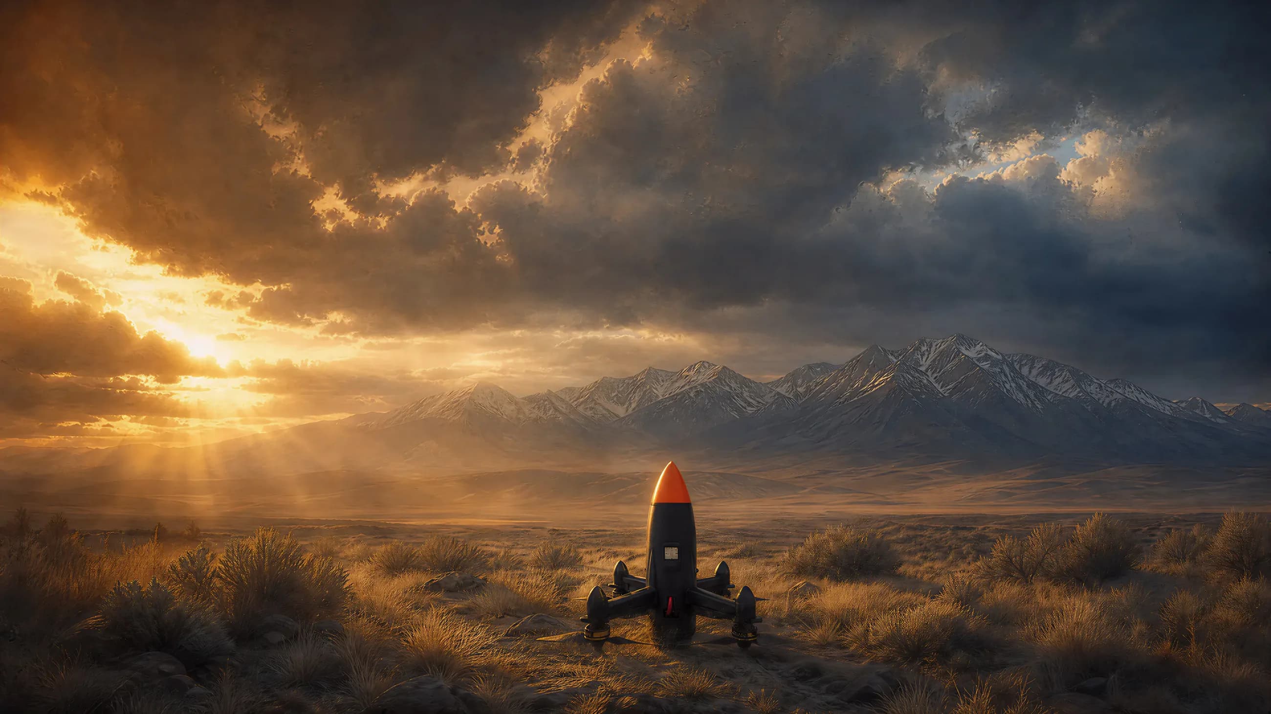 An Unmanned Industries UI R50 counter-UAS interceptor grounded on a high-desert basin at dawn, snow-capped mountains behind it