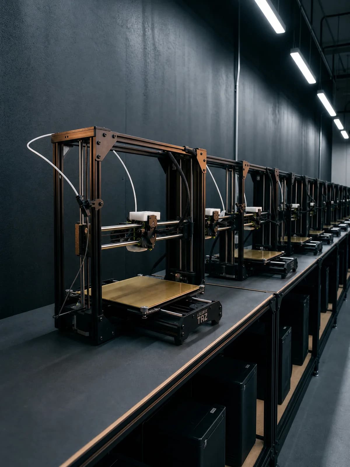 A row of identical 3D printers running in the Unmanned Industries print farm