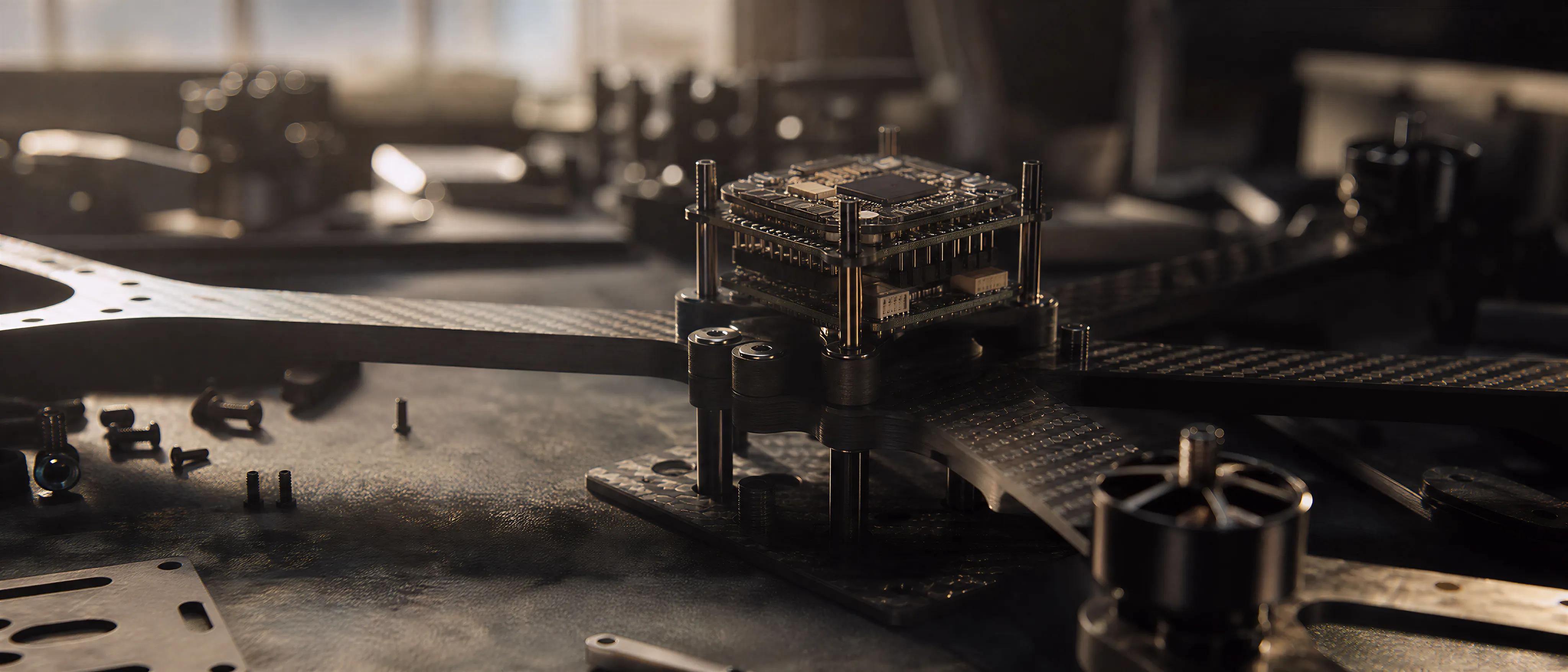 Flight-controller and power stack detail on an Unmanned Industries airframe