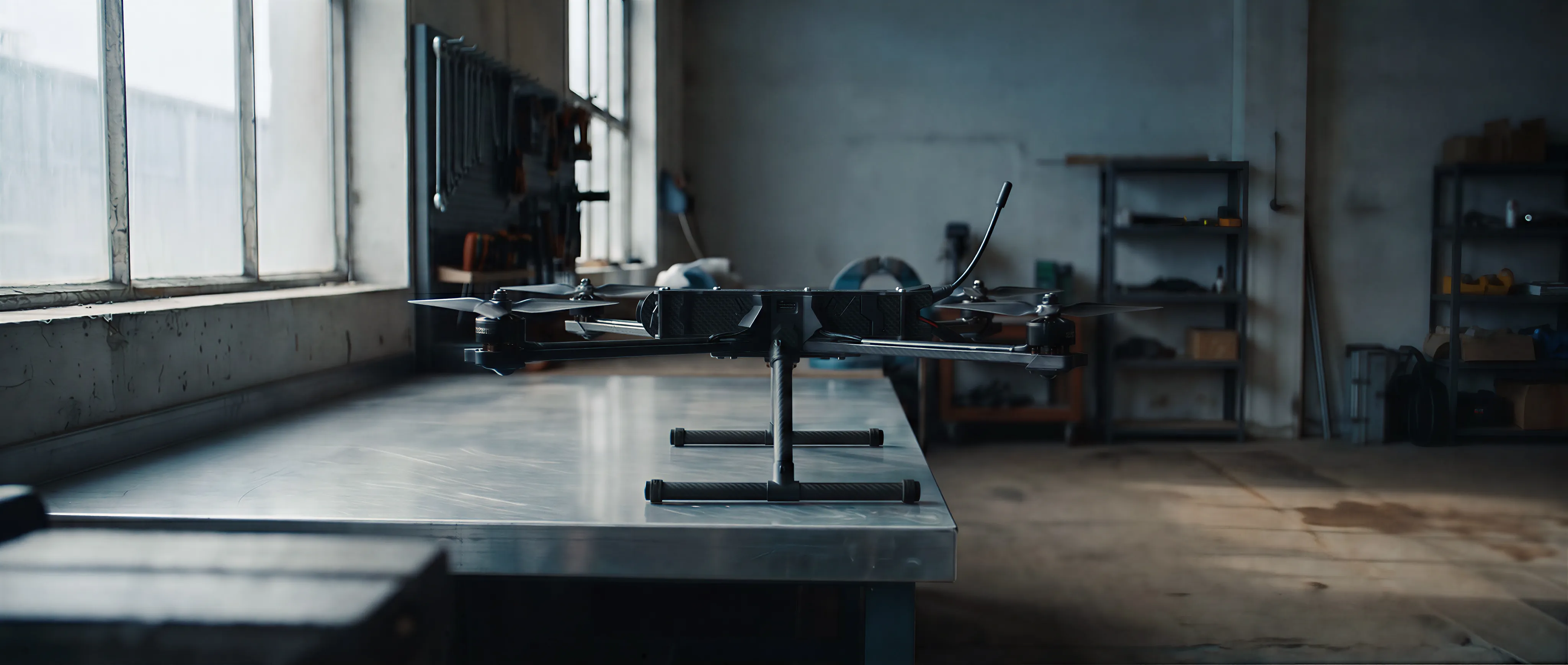 An Unmanned Industries airframe on the bench under cool studio light